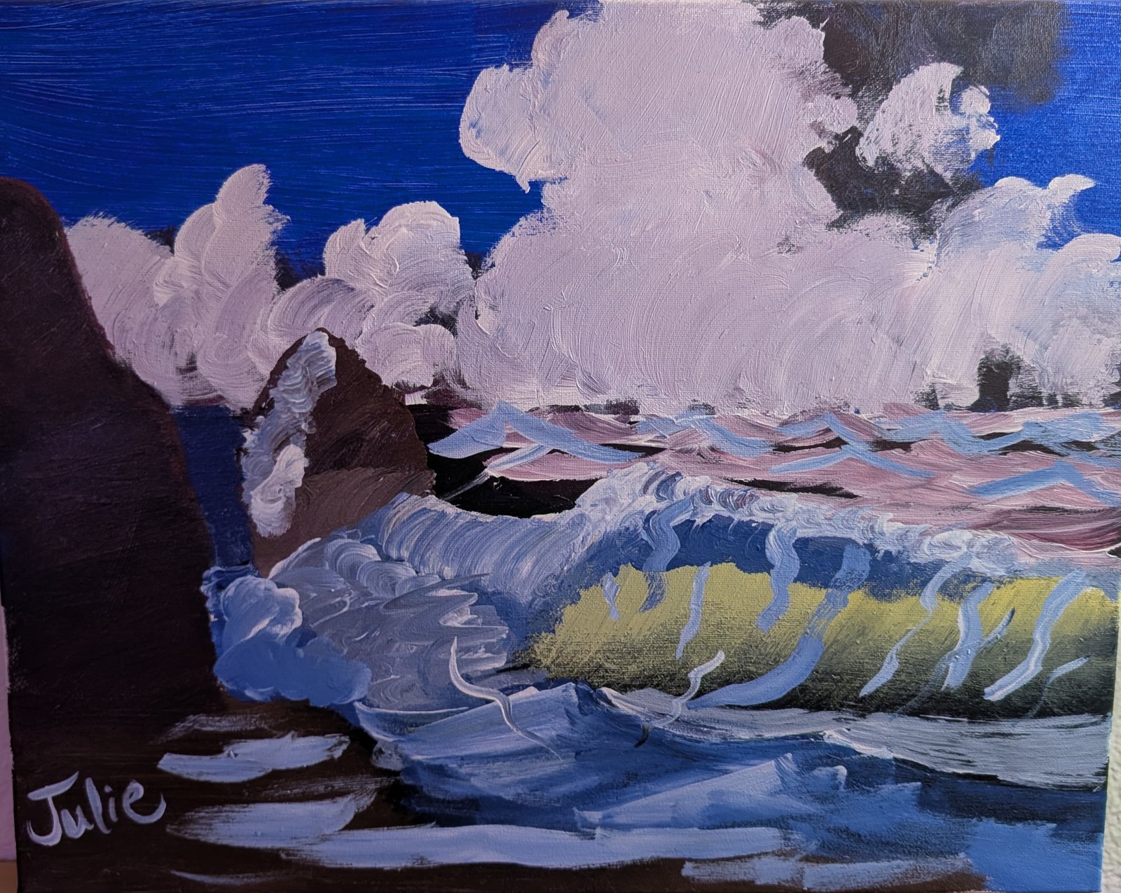 Painting of ocean waves crashing beneath a bright blue sky