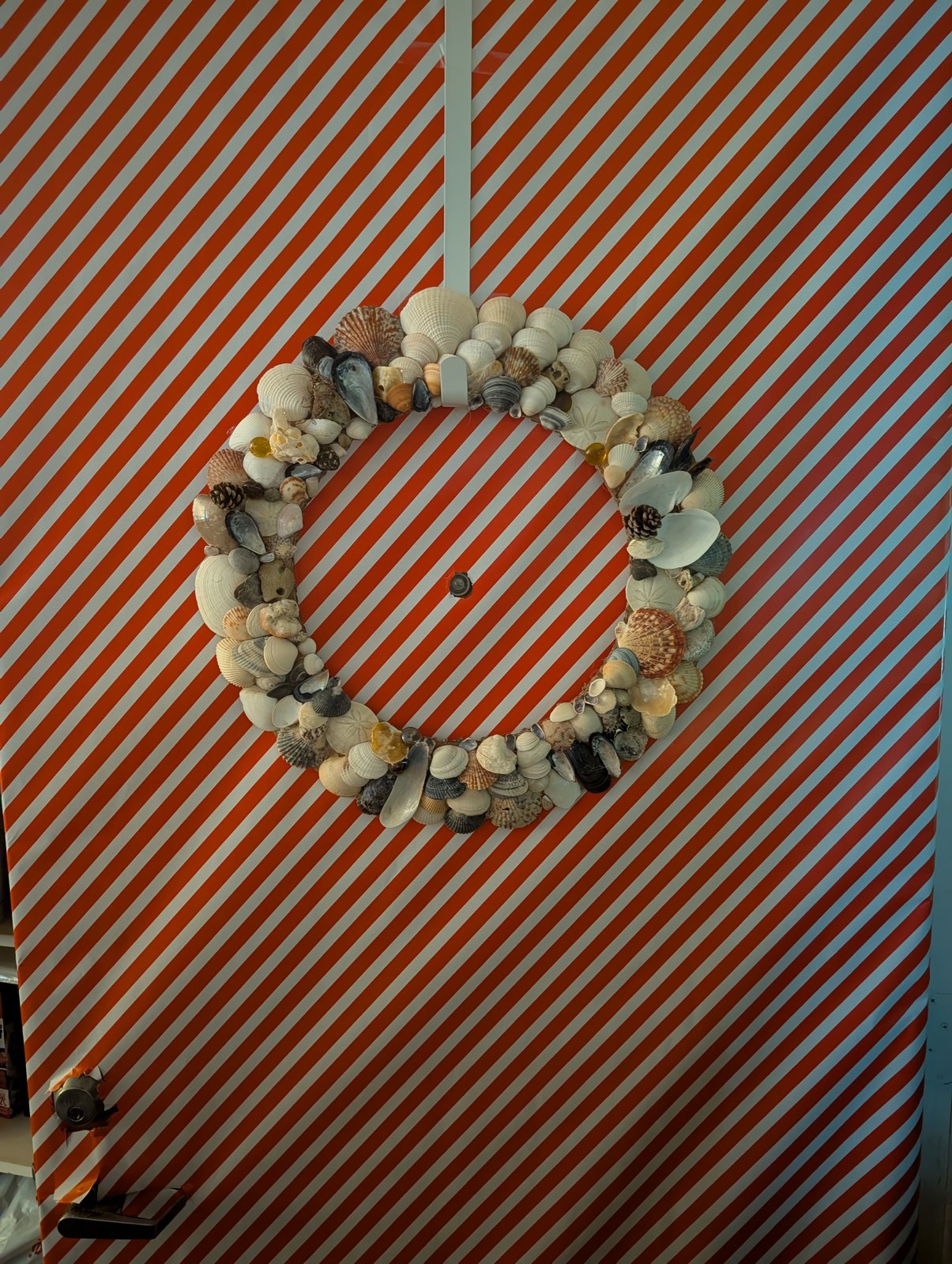 Wreath made of natural seashells hanging on a door